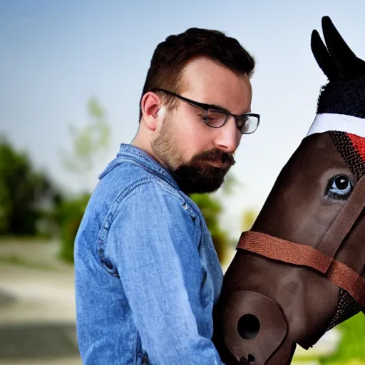 Image similar to man wearing horse head mask on shoulder of man