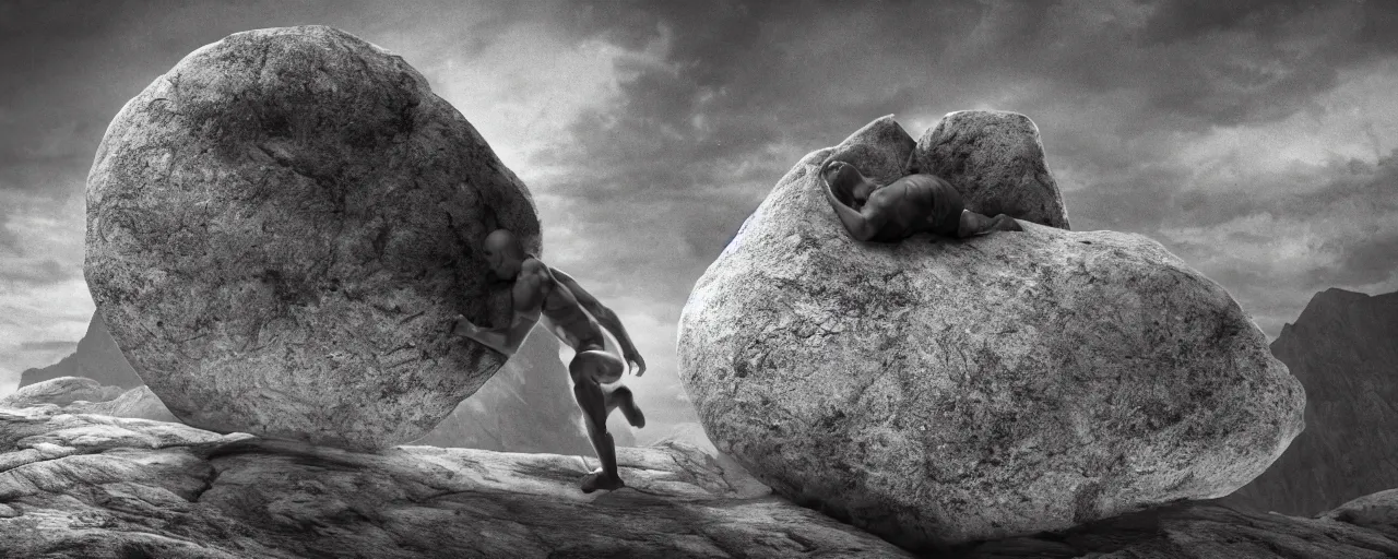 Image similar to Sisyphus pushing a large and round boulder up a mountain, the stone is rolling up, sisyphus looks tired and dejected, the mountain is steep, melancholic mood, photo realistic, 8k, HDR, ultra detailed, movie poster, trending on artstation