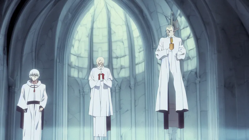Image similar to a man wearing priest clothes and a white rabbit mask standing in a white marble church, anime film still from the an anime directed by Katsuhiro Otomo with art direction by Salvador Dalí, wide lens