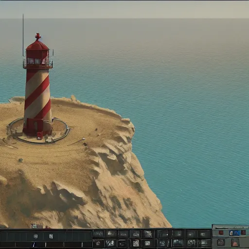 Prompt: screenshot of a lighthouse in a coastal landscape in the game Disco Elysium