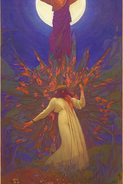 Prompt: spirit of high Summer, by Nicholas Roerich and Annie Swynnerton and Sidney Harold Meteyard, dramatic cinematic lighting , ornate headdress , flowing robes, sacred artifacts, lost civilizations, smooth, sharp focus, extremely detailed