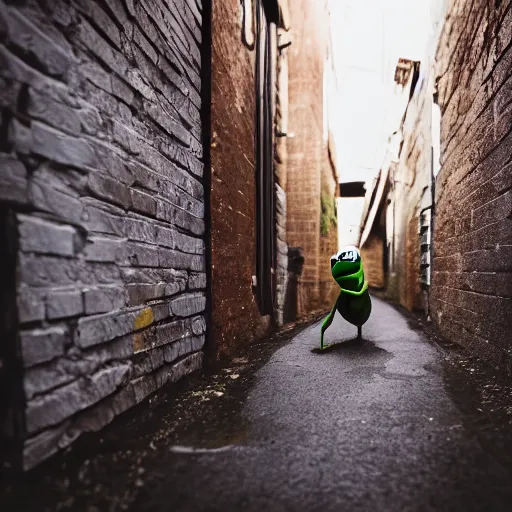 Image similar to DSLR photo of Kermit the frog drunk in a back alley