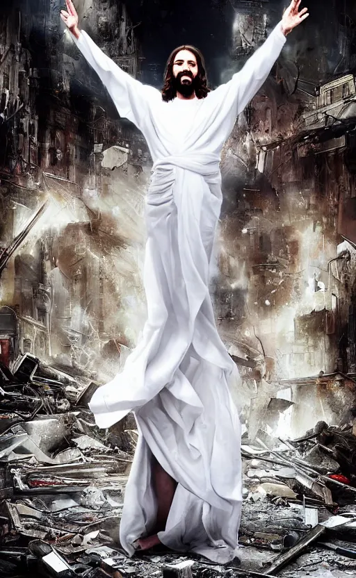 Image similar to jesus christ in a white robe strikes a dramatic dance pose on dead laughing bodies in streets of an apocalyptic metropolis destroyed after war, fantasy art, dramatic lighting, insane details