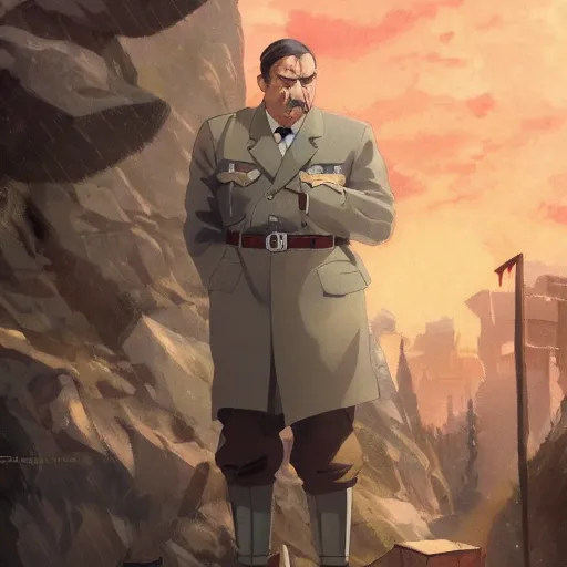 Image similar to a film still portrait of angry hitler, finely detailed features, cinematic lighting, anime key visual, trending on pixiv fanbox, painted by greg rutkowski, wlop, makoto shinkai, studio ghibli