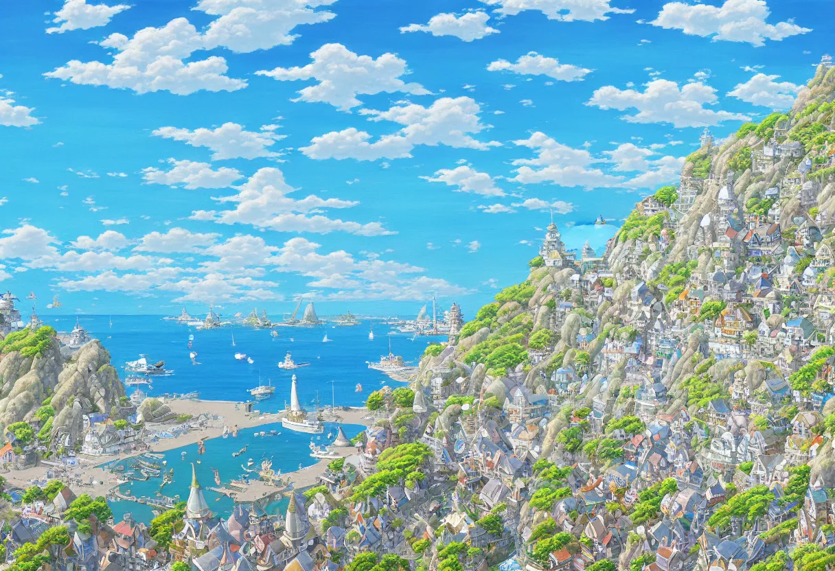 Prompt: a beautiful ultradetailed painting of a seaside town, sunny, close shot, studio ghibli sunlight, archdaily, wallpaper, highly detailed, trending on artstation