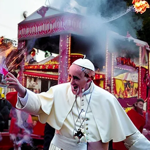 Image similar to a photo of the pope breathing fire at a carnival sideshow