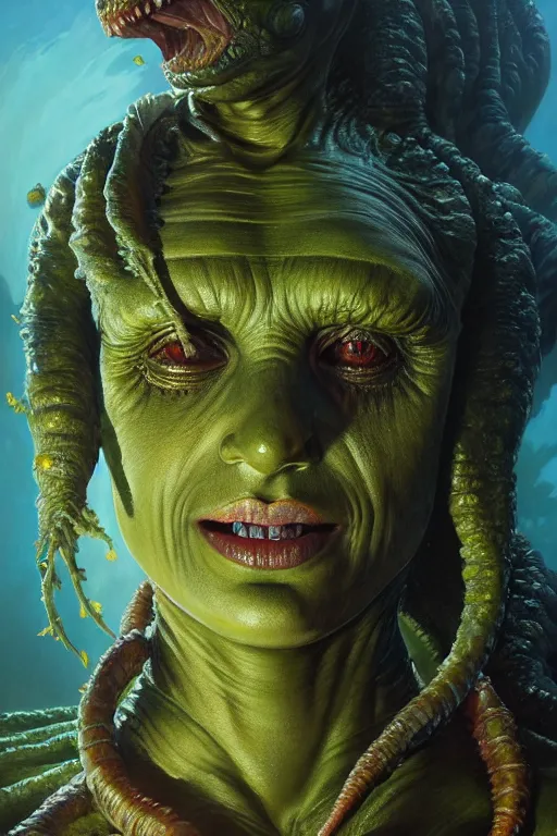 Image similar to painting of the creature from the black lagoon, ultra realistic, sharp details, subsurface scattering, intricate details, warm lighting, beautiful features, highly detailed, photorealistic, octane render, 8 k, unreal engine, art by artgerm and greg rutkowski and alphonse mucha