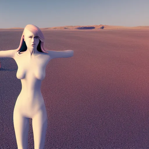 Prompt: beautiful android woman, standing in a barren wasteland, futuristic, chrome and colorful, photo - realistic, ray tracing, 3 d shading, octane render, popular on art station