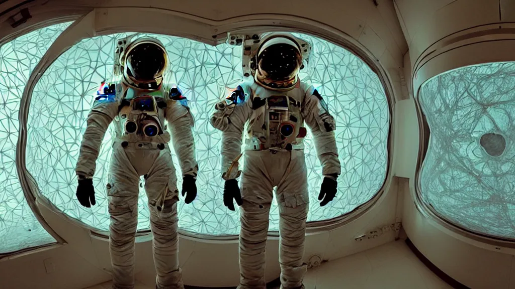 Image similar to a single astronaut eva suit interwoven with diamond 3d fractal lace iridescent bubble 3d skin and covered with insectoid compound eye camera lenses floats through the living room, film still from the movie directed by Denis Villeneuve with art direction by Salvador Dalí, wide lens,