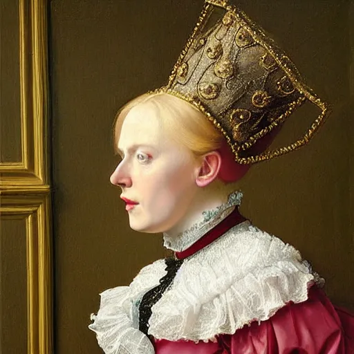 Image similar to blonde victorian princess, hyperrealism oil painting, jan van eyck