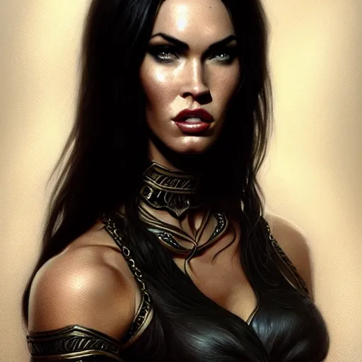 Image similar to portrait of megan fox, muscular upper body, collared, greek, jewelry, black dress, fantasy, intricate, elegant, highly detailed, digital painting, artstation, concept art, matte, sharp focus, illustration, art by aenaluck and roberto ferri and greg rutkowski, epic fantasy, digital painting