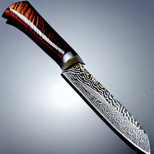 Prompt: mosaic damascus bowie knife detailed blackwood handle wide angle photograph