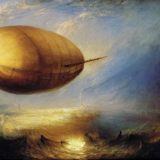 Prompt: painting by J M W Turner of an airship