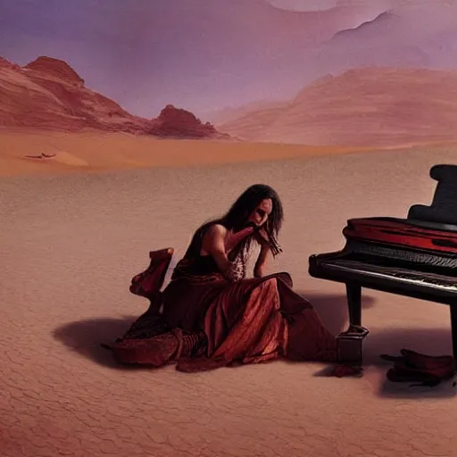 Prompt: UHD photorealistic The Mummy playing piano in the desert by Greg Rutkowski