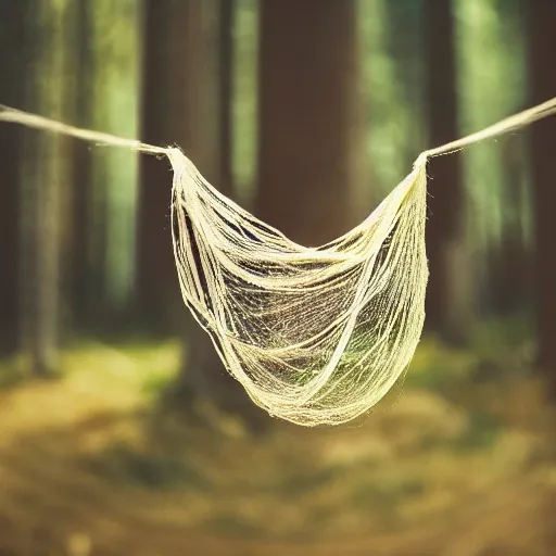 Image similar to a female made out of string surrounded by forest cinematic, 8 k, depth of field, bokeh.