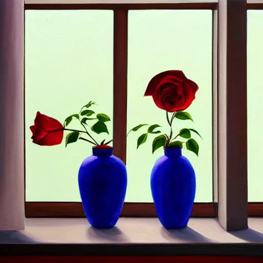 Prompt: A painting of a windowsill with two vases, one containing a red rose and the other containing a blue violet. The natural light from the window would be shining in on the scene. Trending on artstation