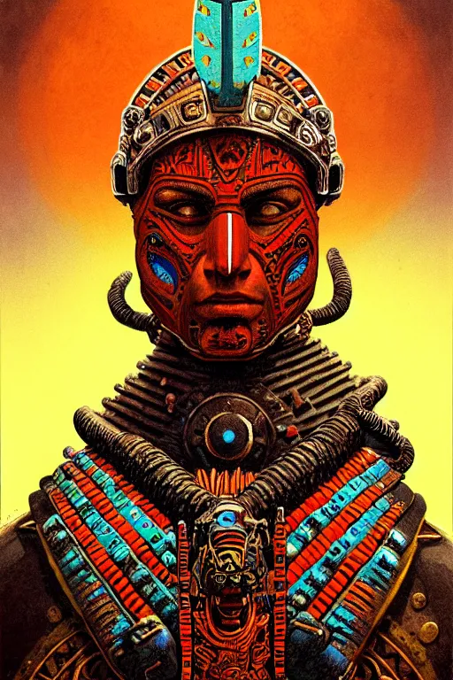 Image similar to aztec warrior, character portrait, portrait, close up, concept art, intricate details, highly detailed, blood moon background, soft light, vintage sci - fi poster, in the style of chris foss, rodger dean, moebius, michael whelan, and gustave dore