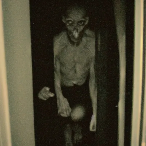 Prompt: grainy photo of a creepy monster in a closet lunging at the camera, harsh flash