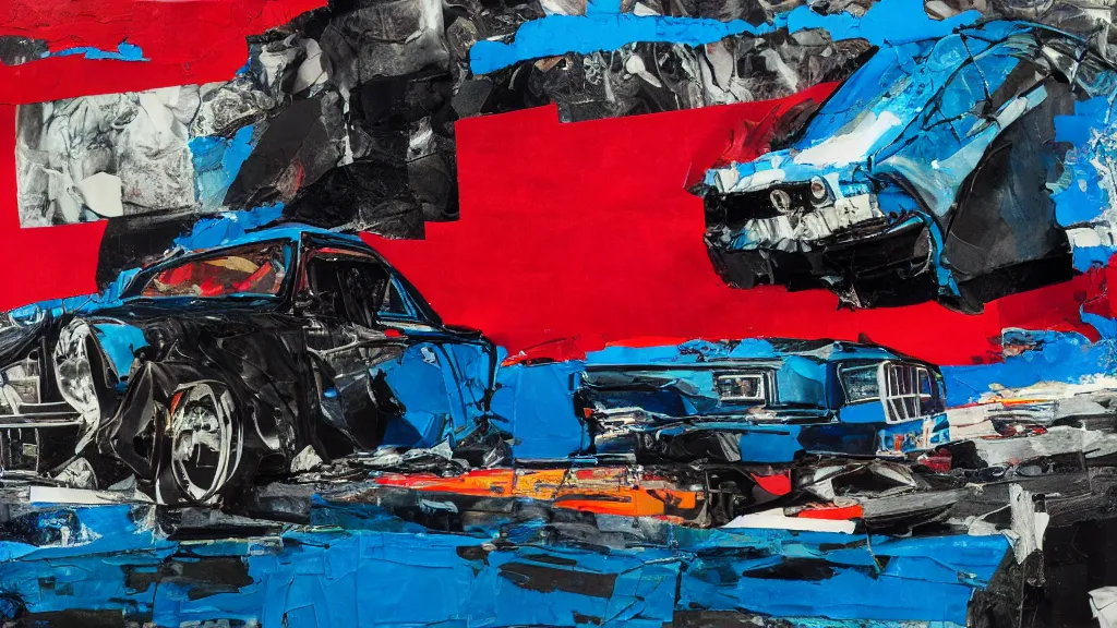 Prompt: lowrider crash test, collage paper and tape, black, blue, acid and red oil, acrylic on canvas, expressionism, high resolution, cinematic, unreal 6 breathtaking detailed, by blake neubert