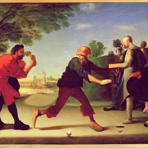 Prompt: a homeless man throwing a hotdog at a discogolf player, baroque painting