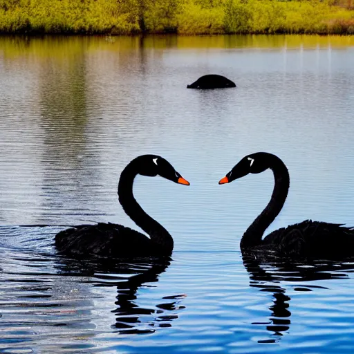 Image similar to photo of two black swans swimming in a beautiful reflective mountain lake, touching heads, forming a heart with their necks, a colorful hot air balloon is flying above the swans, hot air balloon, intricate, 8k highly professionally detailed, HDR, CGsociety