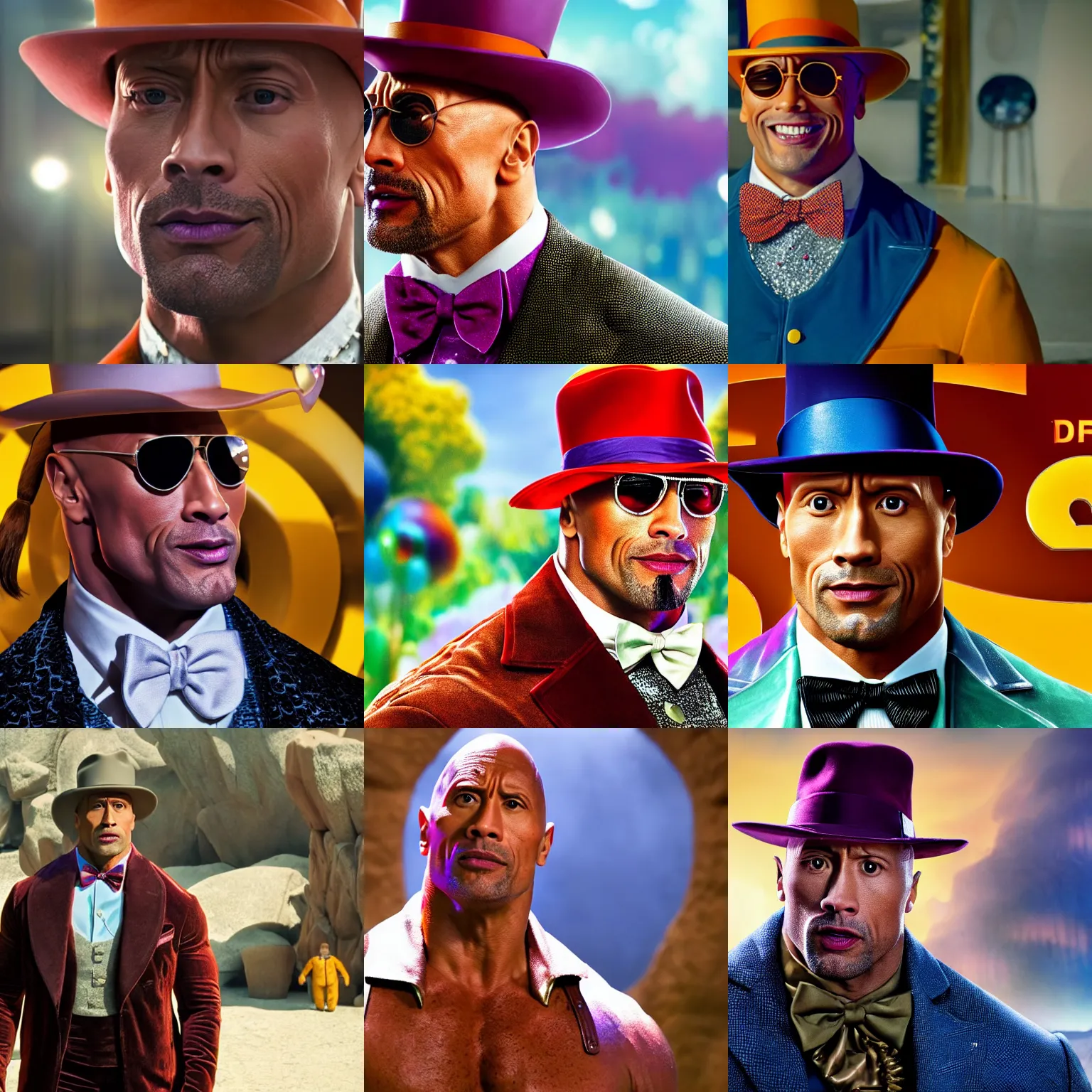 Prompt: Dwayne Johnson as Willy Wonka, detailed, portrait photograph, 8k hdr movie still, dynamic lighting