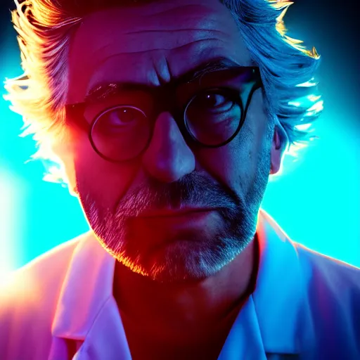 Image similar to portrait of rick sanchez, lab coat and tee shirt, lens flare, atmosphere, glow, detailed, intricate, full of colour, cinematic lighting, 4 k, hyperrealistic, focused, extreme details, cinematic, masterpiece