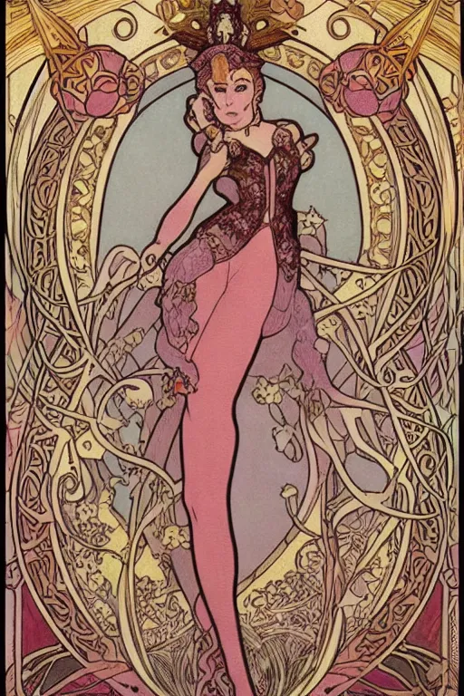 Image similar to full length painting of princess - peach!!!!!!! art nouveau, tarot card by mucha, gaudy colors, sharp edges, intricate line - work.