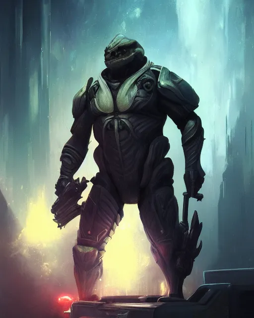 Image similar to oil painting of Krogan, sharp focus, holding sci-fi rifle, magical aura, heroic pose, fantasy style, octane render, volumetric lighting, 8k high definition, by greg rutkowski, highly detailed, trending on art Station, magic the gathering artwork, Spaceship hallway background, centered, horror, sci-fi artwork, demonic