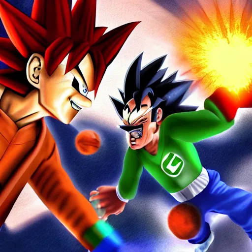 Image similar to a deadly cage match between goku and luigi, realistic, 4 k, photo real, trending on artstation