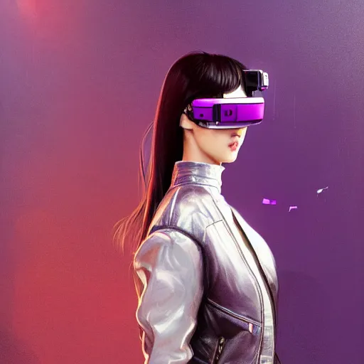 Image similar to full body of Korean female wearing VR goggles and futuristic short violet leather jacket, torn 1980s tank top underneath jacket, intricate, elegant, highly detailed, digital painting, artstation, concept art, smooth, sharp focus, illustration, art by artgerm and greg rutkowski and alphonse mucha