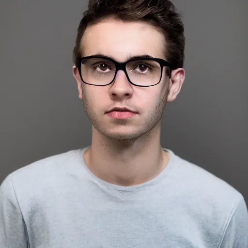 Prompt: white 2 1 year old man with medium length dark brown, big eyebrows, shaggy facial hair, glasses