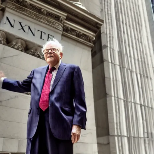 Prompt: warren buffet as thanos standing outside wall street stock exchange, reality, realistic, detailed, 8 k, award winning, wide shot,