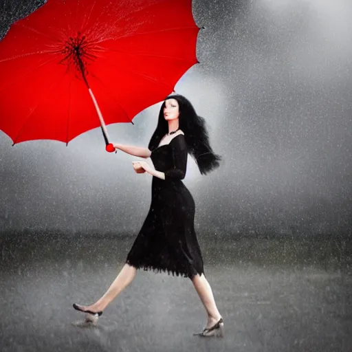 Image similar to morticia addams holding a parasol during a [ humid, rainy day ] as she saunters across the city, closeup!!!, trending on artstation, 4 k photorealism, unsplash contest winner, shot by jimmy nelson