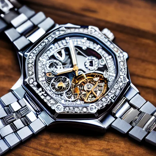 Image similar to vvs diamond watch, intricate design, rolex, cogs and gears, steampunk watch, bejeweled beautiful watch, richard mille, breitling watch, promotional photo, 8 k photography