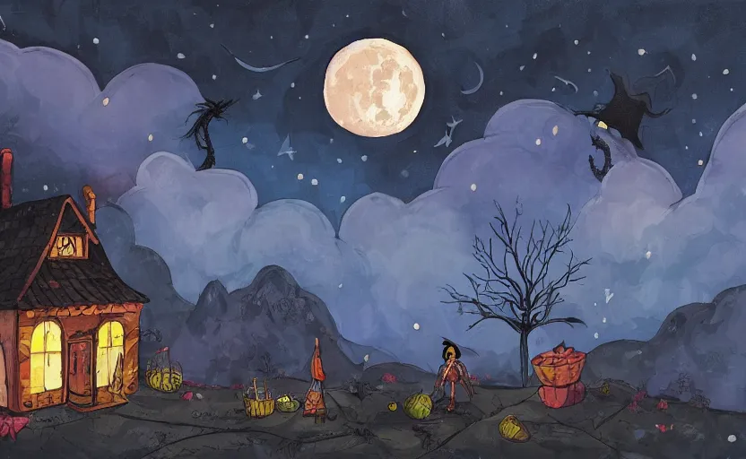 Prompt: a witch's shop against a giant moon, storybook, gouache, flat, concept art, lush