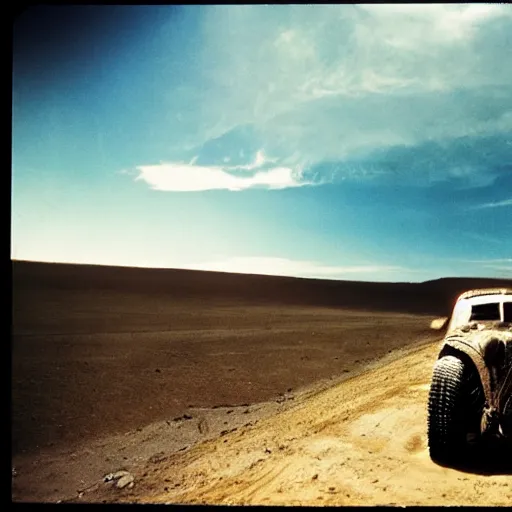 Image similar to film still, extreme far view, slipknot in mad max, apocalypse, desert, 2 6 mm, kodak ektachrome, blue tint expired film