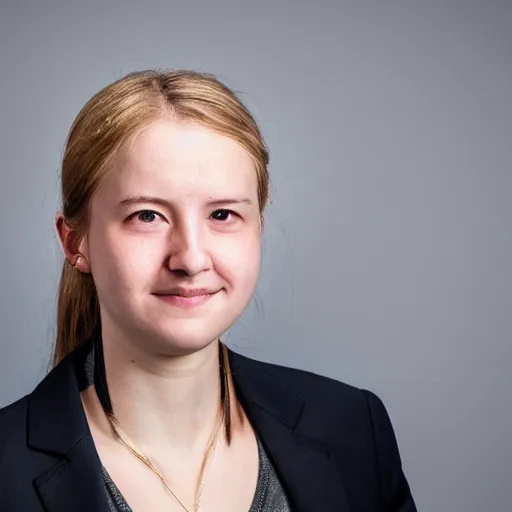 Prompt: official portrait photo of the youngest very photogenic female winner of the Nobel Prize in Chemistry at age 24, arms crossed, studio lighting