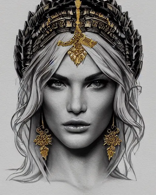 Image similar to tattoo design sketch of hot blonde super model as aphrodite greek goddess wearing a gold laurel wreath and triangle earrings, beautiful piercing gaze with sharp pupils, in the style of greg rutkowski, fantasy, amazing detail, epic, elegant, smooth, sharp focus, front view