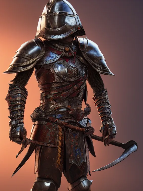 Image similar to full body frontview portrait of a warrior in human armour, d & d character design, designed in blender, 8 k hd, octane render, intricate and highly detailed, coloured with lots of colour, pose, fantasy, sharp focus,