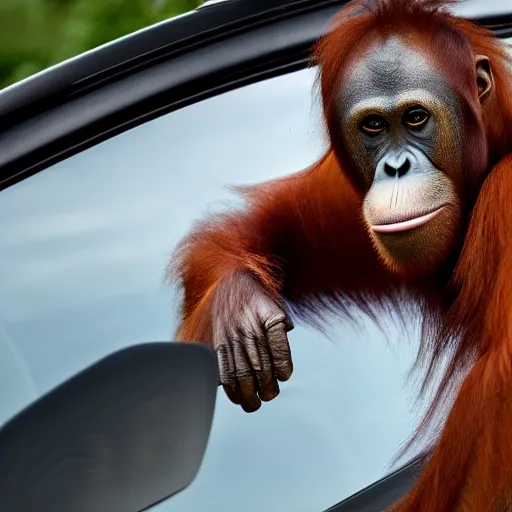 Prompt: orangutan driving convertible mustang, trump is sitting in the passenger seat, 4 k realistic, photorealistic, detailed