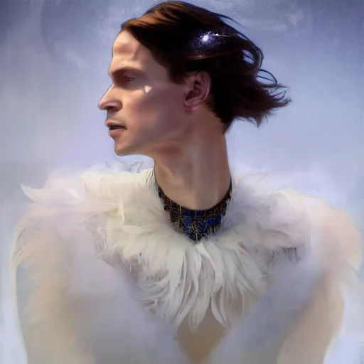 Prompt: hyperrealistic portrait of a man as jeff goldblum touching neck noir white swan dress wearing sapphire jewellery with long feather collar by jeremy mann and alphonse mucha, fantasy art, photo realistic, dynamic lighting, artstation, poster, volumetric lighting, very detailed faces, 4 k, award winning