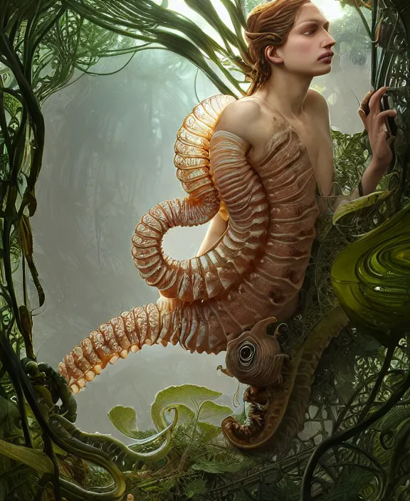 Image similar to intricate ornate opulent transparent clear see - through portrait of a horrific beautiful male human isopod nautilus tornado, adorable, childlike, overgrown jungle environment, ultra realistic, concept art, art nouveau, photorealistic, octane render, 8 k, unreal engine. art by christopher marley and artgerm and greg rutkowski and alphonse mucha