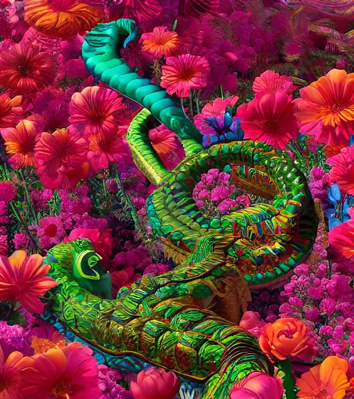 Image similar to quetzalcoatl, surrounded by flowers, cinematography by jim jarmusch, moebius, katsuhiro otomo, rococo, trending on artstation, muted lighting, hyper realism, octane render, 8 k, hyper detailed, ink by dave gibbons