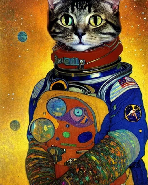 Prompt: space cosmonaut cat portrait an oil painting splashes with many colors and shapes by gustav klimt greg rutkowski and alphonse mucha, polycount, generative art, psychedelic, fractalism, glitch art