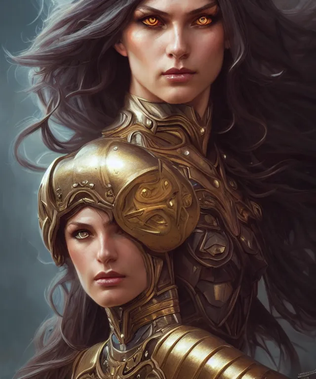 Image similar to Muscular and powerful medieval knight woman portrait, sci-fi, amber eyes, face, long hair, fantasy, intricate, elegant, highly detailed, digital painting, artstation, concept art, smooth, sharp focus, illustration, art by artgerm and greg rutkowski and alphonse mucha