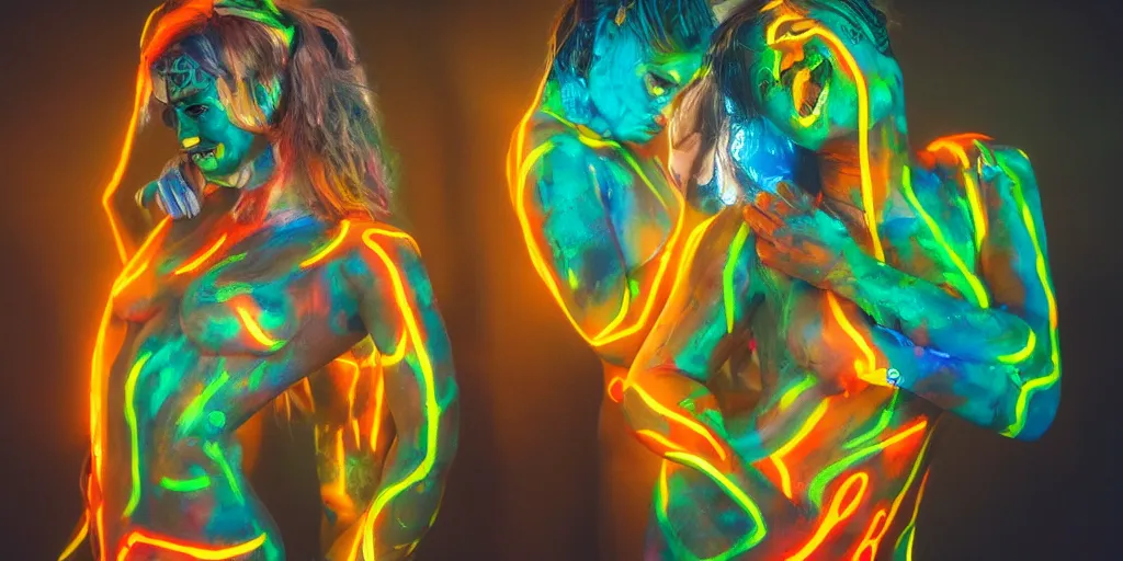 Image similar to people with glowing body paint, rebirth symbolism, wide angle, cinematic atmosphere, elaborate, UV, Blacklight, highly detailed, dramatic lighting