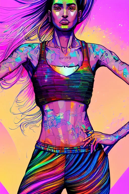 Image similar to a award winning half body portrait of a beautiful woman with stunning eyes in a printed croptop and cargo pants with rainbow colored ombre hairstyle head in motion and hair flying by josan gonzales, outrun, vaporware, shaded flat illustration, digital art, trending on artstation, highly detailed, fine detail, intricate