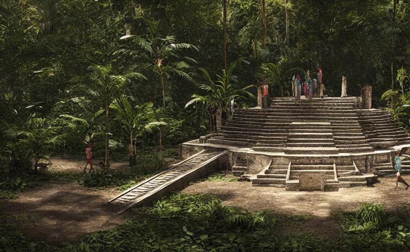 Image similar to Fashion Runway!, Catwalk!!, Platform in a Maya Temple in the Rainforest, Concept Art, Octane, Redshift, 4k