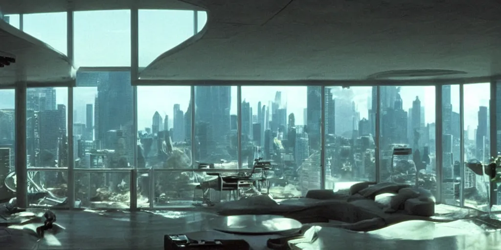 Prompt: a luxury apartment with large windows, 1 9 8 0 s science fiction, windows overlooking a salt crystal jungle landscape, sci - fi film still, screenshot from a science fiction movie, ridley scott,